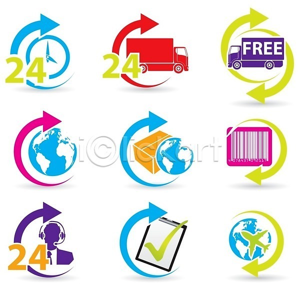 EPS 일러스트 해외이미지 24시간 교통시설 무료이미지 바코드 배송 비행기 상담 상자 세계 시간 심볼 오브젝트 지구본 탑차 택배 패키지 해외202004 해외일러스트