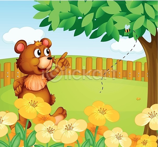 사람없음 EPS 일러스트 해외이미지 가리킴 곰 꽃 나무 동물 벌(곤충) 울타리 정원 해외202004