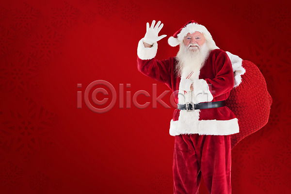 남자 노년 노인남자한명만 한명 JPG 앞모습 포토 해외이미지 들기 보따리 빨간색 산타클로스 상반신 손인사 크리스마스 해외202004