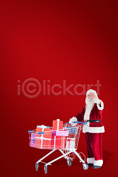 남자 노년 노인남자한명만 한명 JPG 옆모습 포토 해외이미지 빨간색 산타클로스 선물상자 쇼핑 쇼핑카 전신 크리스마스 해외202004