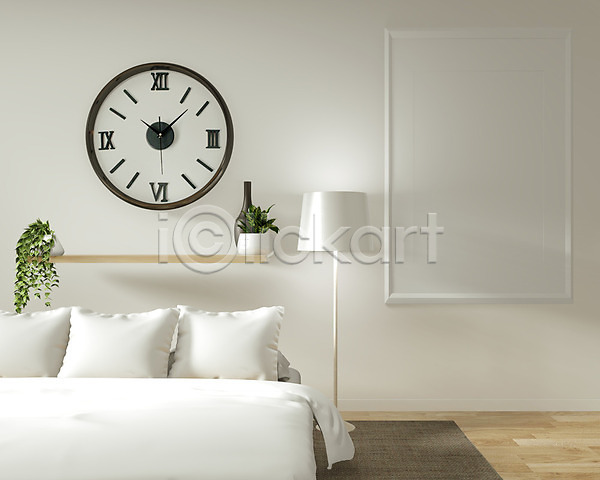 깨끗함 사람없음 3D JPG 일러스트 해외이미지 나무바닥 모던 선반 스탠드 시계 심플 안방 침대 카펫 화분 화초 흰색