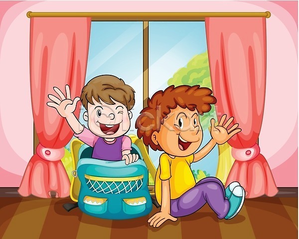 남자 사람 소년 어린이 EPS 일러스트 해외이미지 갈색머리 나무 미소(표정) 분홍색 식물 앉기 어린이교육 잎 창문 책가방 커튼 학교 학생 해외202004
