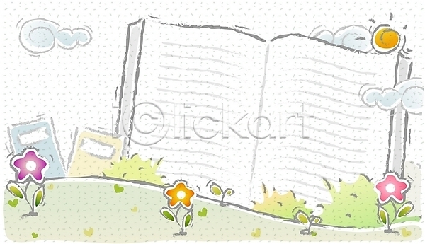 상상 사람없음 EPS 일러스트 간행물 교육 구름(자연) 꽃 문구용품 백그라운드 봄 야외 주간 책 태양 풍경(경치) 해