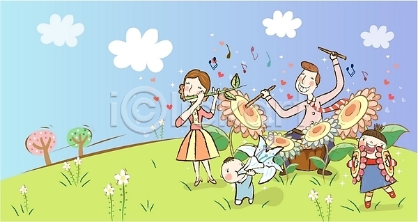 사랑 즐거움 행복 화목 남자 사람 소년 아기 어린이 여러명 여자 EPS 일러스트 가정 가족 공공시설 공원 구름(자연) 꽃 봄 식물 야외 연주 하늘 핵가족