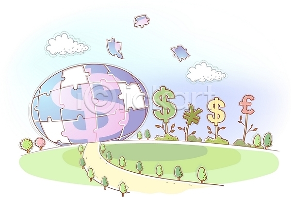 상상 사람없음 EPS 일러스트 경제 구름(자연) 금융 기호 길 나무 문자 백그라운드 비즈니스 야외 주간 퍼즐 화폐기호