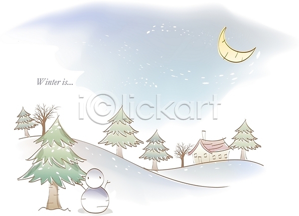 사람없음 EPS 일러스트 건물 겨울 계절 눈(날씨) 눈사람 달 사계절 야간 야외 언덕 자연 전나무 주택 초승달 풍경(경치)