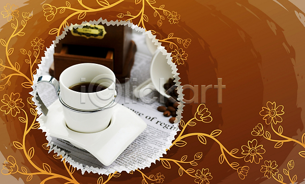 사람없음 PSD 디지털합성 편집이미지 꽃무늬 백그라운드 신문 오브젝트 원두 음료 음식 차(음료) 커피 컵 패턴