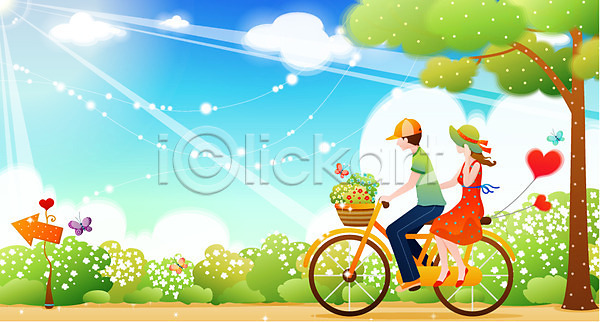 사랑 남자 두명 사람 여자 EPS 일러스트 계절 공공시설 공원 구름(자연) 나무 나비 데이트 사계절 소풍 야외 여름(계절) 자연 자전거 주간 커플 표지판 풍경(경치) 하늘 하트 한쌍 햇빛