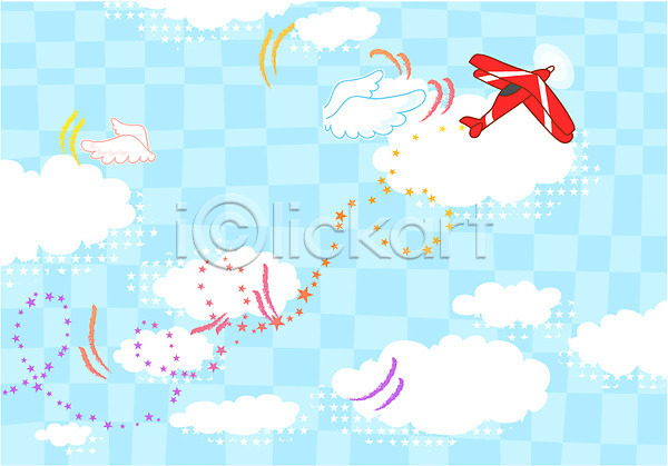 사람없음 EPS 일러스트 구름(자연) 날개(비행) 백그라운드 별표 비행기 야외 주간 하늘 항공교통
