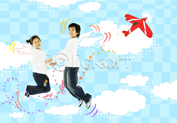 상상 10대 남자 두명 사람 소녀(어린이) 소년 십대만 어린이 여자 초등학생 PSD 디지털합성 편집이미지 가족 구름(자연) 날개(비행) 비행기 천사 하늘