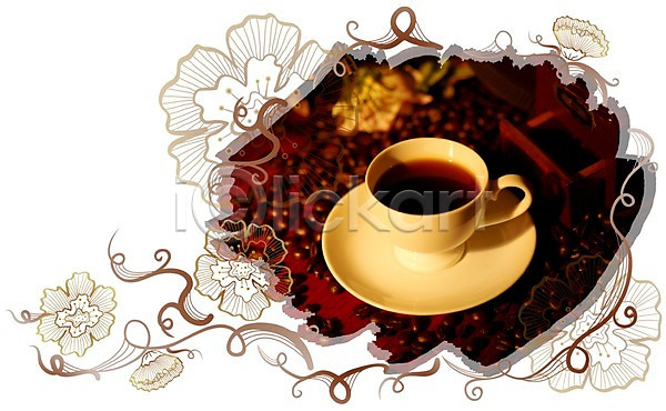 사람없음 PSD 디지털합성 편집이미지 꽃무늬 백그라운드 원두 음료 음식 찻잔 커피