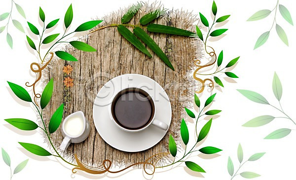 사람없음 PSD 디지털합성 편집이미지 나뭇잎 무늬 백그라운드 식물 음료 음식 잎 찻잔 커피 크림