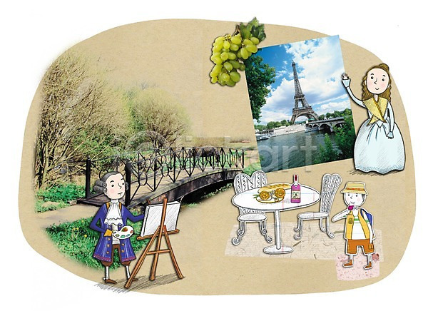 남자 사람 세명 여자 PSD 일러스트 길 나무 다리(건축물) 달팽이요리 바게트 야외테이블 에펠탑 여행 와인 의자 이젤 전통의상 콜라주 포도 프랑스 휴가