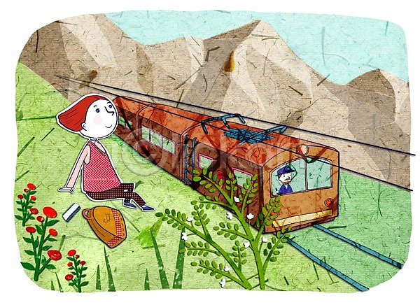 사람 여자 여자만 PSD 일러스트 기차 들꽃 산 스위스 야외 여행 여행가방 육상교통 융프라우 주간 콜라주 휴가