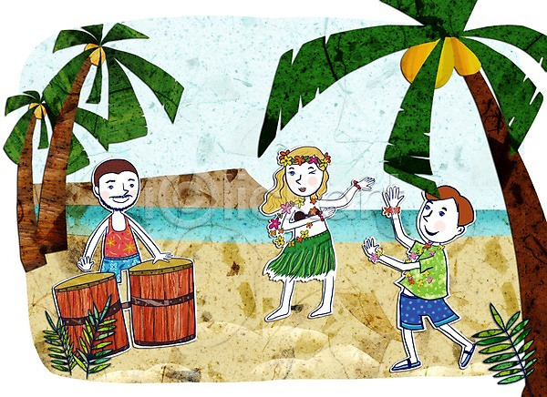 남자 사람 세명 여자 PSD 일러스트 계절 국악기 바다 야외 야자수 여름(계절) 여행 주간 콜라주 하와이 훌라춤 휴가
