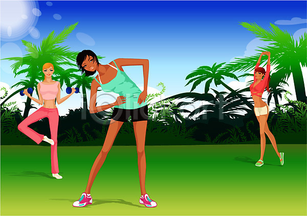 사람 세명 여자 여자만 EPS 일러스트 나무 다이어트 뷰티 생활체조 스트레칭 아령 야외 야자수 에어로빅 연습 운동 웰빙 주간 체조