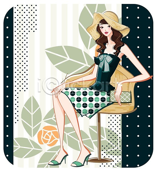 20대 사람 성인 성인여자한명만 여자 한명 EPS 일러스트 모자(잡화) 물방울무늬 백그라운드 쇼핑 식물문양 여름(계절) 우먼라이프 패션 패턴