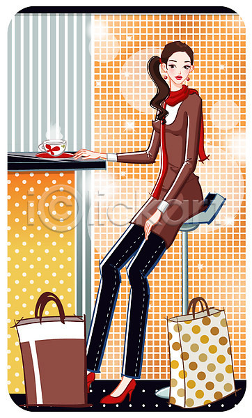 휴식 사람 여자 여자만 일러스트 상업시설 쇼핑 쇼핑백 우먼라이프 유행 의자 카페 커피 탁자 패션 패턴