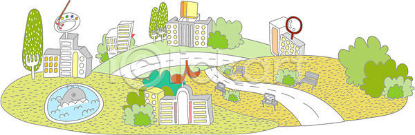 사람없음 어린이만 초등학생 EPS 일러스트 건물 고래 교육 국내일러스트 길 나무 돋보기 마을 미술도구 백그라운드 스쿨라이프 야외 음표 주간 풍경(경치)