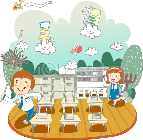 10대 남자 두명 사람 십대만 여자 초등학생 EPS 일러스트 교실 교육 구름(자연) 나무 스쿨라이프 의자 장난 책상 청소시간