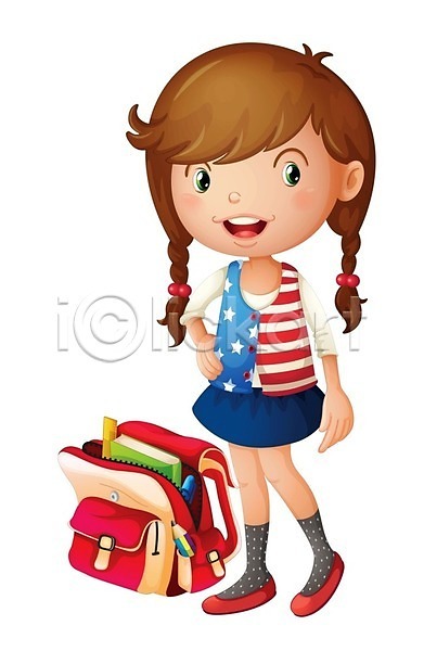 사람 어린이 여자 EPS 일러스트 해외이미지 가방 걷기 교육 미소(표정) 서기 어린이교육 학교 해외202004