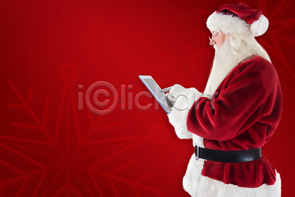남자 노년 노인남자한명만 한명 JPG 옆모습 포토 해외이미지 빨간색 산타클로스 상반신 크리스마스 태블릿 해외202004