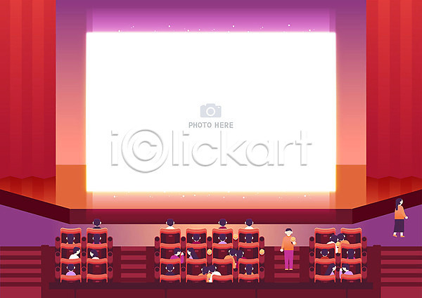사랑 남자 여러명 여자 AI(파일형식) 일러스트 프레임일러스트 극장 기댐 데이트 무대 빨간색 스크린 영화관 커플 팝콘 프레임