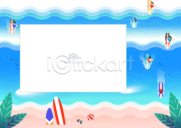 사랑 남자 여러명 여자 AI(파일형식) 일러스트 프레임일러스트 데이트 모래사장 바다 서핑 서핑보드 잎 커플 파란색 프레임 해수욕장