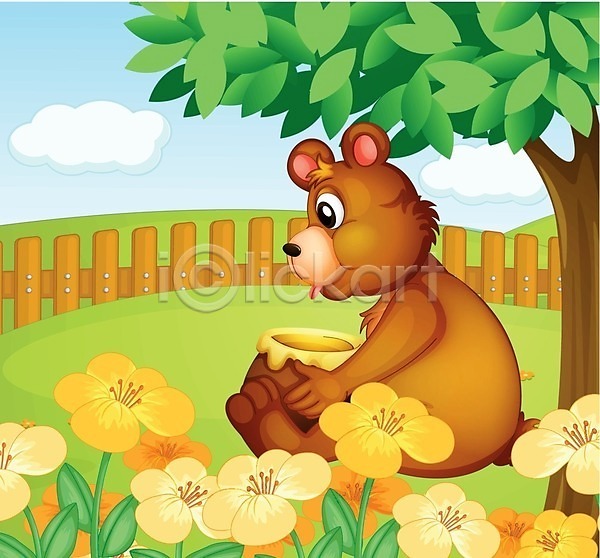 사람없음 EPS 일러스트 해외이미지 곰 꽃 꿀단지 나무 들기 울타리 정원 해외202004
