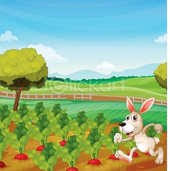 사람없음 EPS 일러스트 해외이미지 구름(자연) 그림 나무 농경지 농부 농작물 농장 동물 디자인 밭 밭일 백그라운드 식물 야외 울타리 잎 자연 채소 토끼 파란색 풍경(경치) 하늘 해외202004 흰색