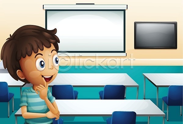 남자 사람 소년 어린이 EPS 일러스트 해외이미지 교실 미소(표정) 어린이교육 의자 탁자 해외202004