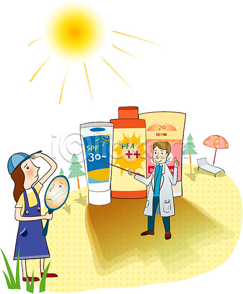 남자 두명 사람 여자 EPS 일러스트 가운 거울 모자(잡화) 선베드 선크림 야외 의사 의사가운 의학 자외선 주간 주근깨 질병 치료 태양 파라솔 햇빛 환자