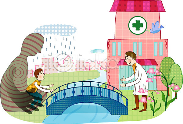 남자 남자만 두명 사람 EPS 일러스트 구름(자연) 그림자 꽃 나무 다리(건축물) 병원 비(날씨) 야외 우울증 의사 의학 조류 주간 질병 치료 환자