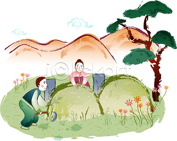 남자 두명 사람 여자 EPS 일러스트 가을(계절) 계절 구름(자연) 꽃 나무 낫 명절 무덤 비석 산 성묘 소나무 야외 잡초 주간 추석 코스모스(꽃) 한국 한복