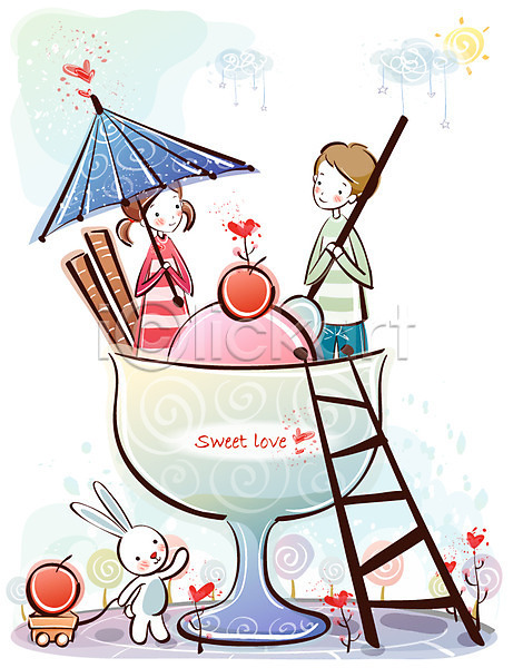 사랑 행복 10대 20대 남자 두명 사람 여자 EPS 일러스트 감정 과자 데이트 사다리 아이스크림 우산 체리 커플 컵 토끼