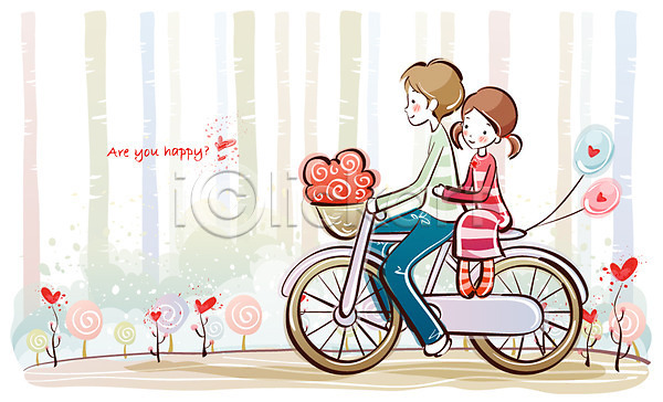 사랑 행복 10대 20대 남자 두명 사람 여자 EPS 일러스트 감정 꽃 데이트 야외 자전거 주간 커플 풍선