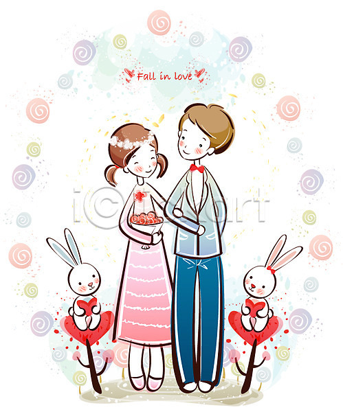 사랑 행복 10대 20대 남자 두명 사람 여자 EPS 일러스트 감정 결혼 결혼식 꽃 데이트 부케 커플 토끼 화관