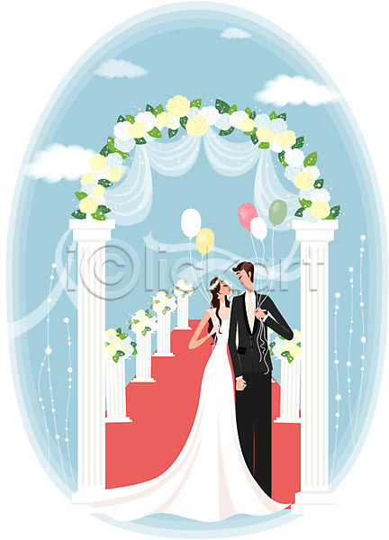 사랑 행복 남자 두명 사람 여자 EPS 일러스트 결혼 결혼식 구름(자연) 꽃 드레스 레드카펫 야외결혼 웨딩드레스 장식 정장 커플 턱시도 풍선 하늘 행진