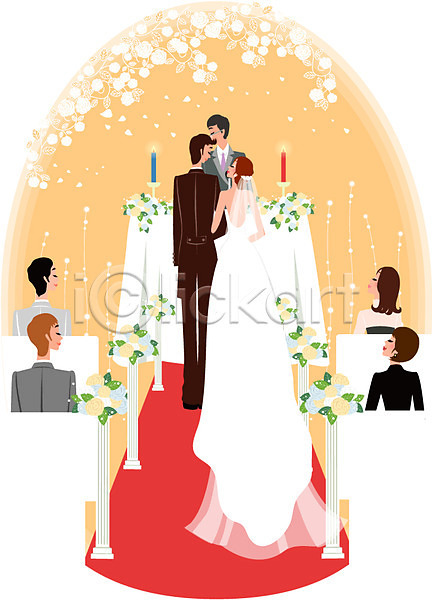 남자 두명 사람 여자 EPS 일러스트 결혼 결혼식 드레스 실내 웨딩드레스 의자 장미 정장 주례 촛대 촛불 커플 턱시도 하객