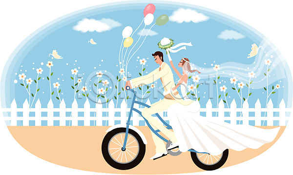 남자 두명 사람 여자 EPS 일러스트 결혼 구름(자연) 꽃밭 드레스 부케 야외 울타리 웨딩드레스 자전거 정장 주간 커플 턱시도 풍선 하늘