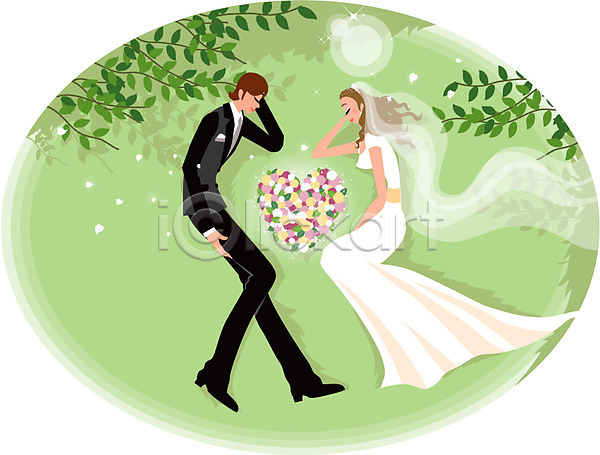 사랑 행복 남자 두명 사람 여자 EPS 일러스트 결혼 나뭇잎 드레스 신랑 신부(웨딩) 야외 웨딩드레스 잔디 정장 주간 커플 턱시도 풀(식물) 하트 하트꽃