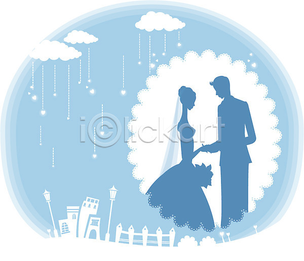 남자 두명 사람 여자 EPS 일러스트 가로등 건물 결혼 구름(자연) 드레스 신랑신부 울타리 웨딩드레스 정장 컬러 턱시도 파란색 하늘 하트
