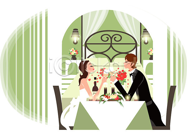 남자 두명 사람 여자 EPS 일러스트 결혼 과일 드레스 샴페인 신혼여행 실내 웨딩드레스 의자 장미 전등 정장 촛불 침대 커튼 탁자 턱시도