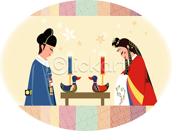 남자 두명 사람 여자 EPS 일러스트 결혼 꽃무늬 사모관대 실내 원앙 전통문양 전통의상 전통혼례 촛불 패턴 한국 한복 활옷