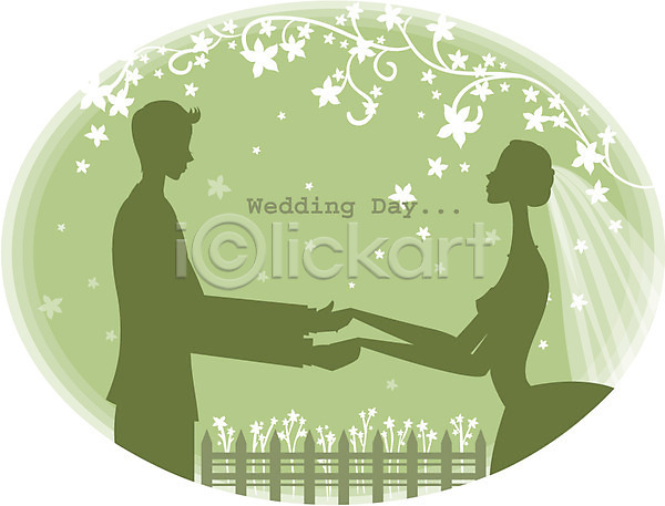 남자 두명 사람 여자 EPS 실루엣 일러스트 결혼 꽃 신랑 신부(웨딩) 야외 울타리 초록색 컬러 패턴