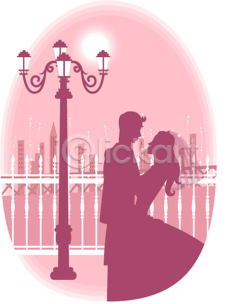 남자 두명 사람 여자 EPS 실루엣 일러스트 가로등 건물 결혼 공공시설 공원 달 보름달 분홍색 신랑 신부(웨딩) 야경 야외 울타리