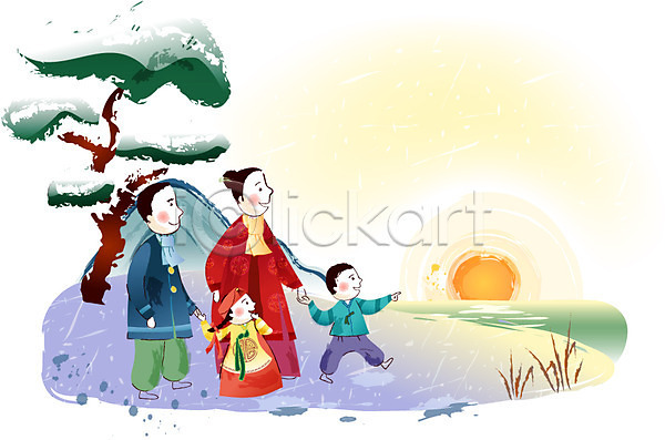 남자 사람 여러명 여자 EPS 일러스트 가족 명절 바다 새해 설날 소나무 야외 일출 한국 한국전통 한복