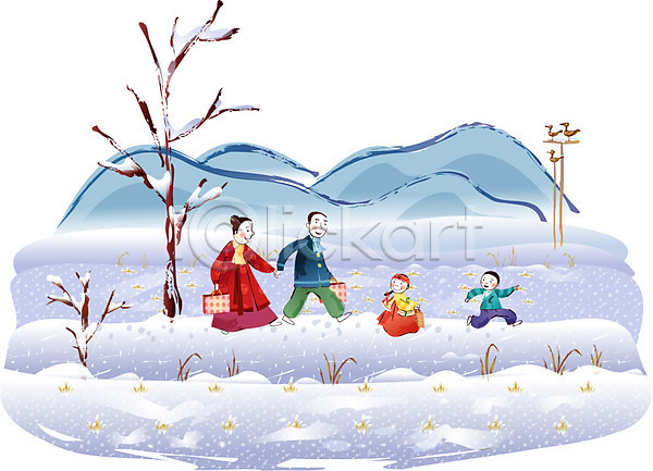 남자 사람 여러명 여자 EPS 일러스트 가족 귀성길 나무 논두렁 명절 산 새해 새해선물 선물 설날 설선물 솟대 야외 한국 한국전통 한복