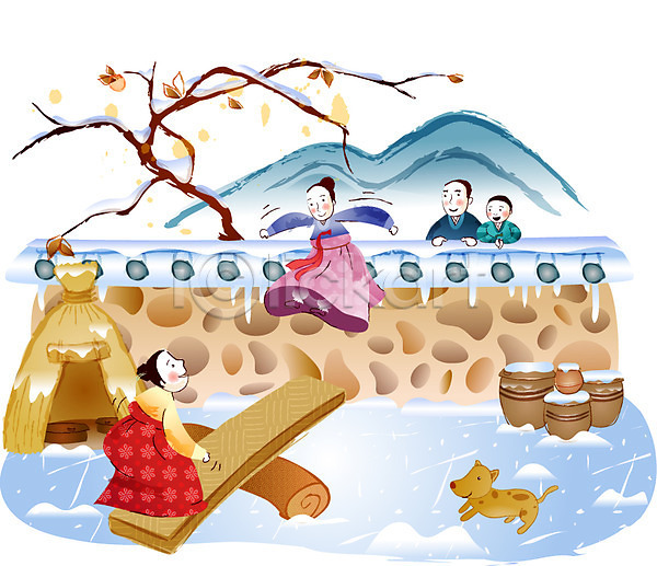 남자 사람 여러명 여자 EPS 일러스트 가족 감나무 강아지 기와 널뛰기 담장 명절 새해 설날 야외 주간 한국 한국전통 한복 항아리