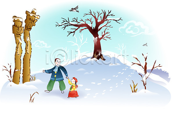 남자 두명 사람 여자 EPS 일러스트 까치 나무 눈내림 명절 발자국 새해 설날 야외 언덕 장승 주간 한국 한국전통 한복